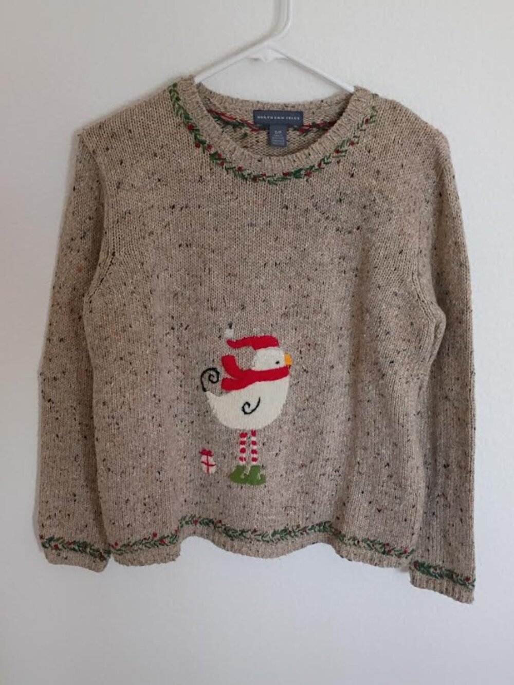 NORTHERN ISLES WOMEN'S SWEATER TAN FLECKED CHRITSMAS BIRD HOLLY 80'S 90' SIZE S
